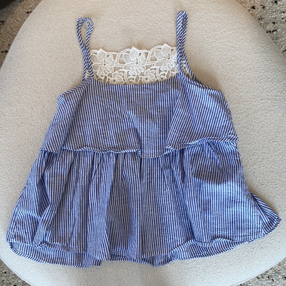 Zara Basic Tiered Chambray Striped Lace Eyelet Sleeveless top XS - Picture 2 of 11